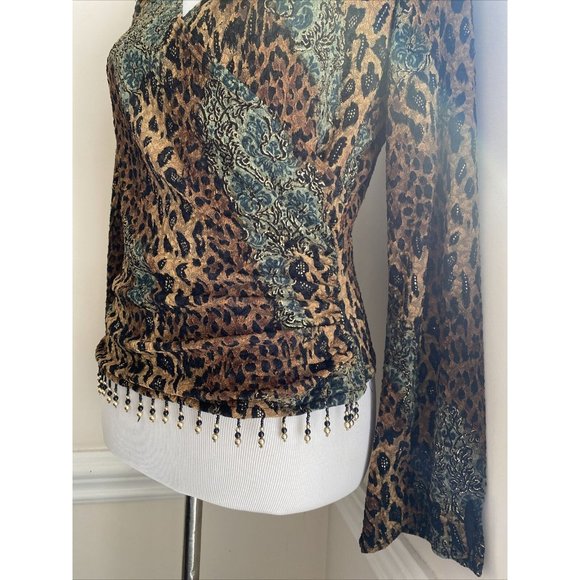 Vtg Ronni Nicole Top Women Large Brown Surplice V-neck Blouse Beaded Leopard Y2K - Picture 2 of 5